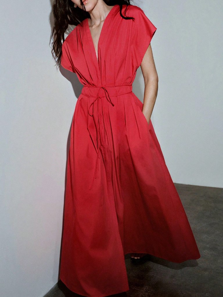 Red Casual Women's Premium 100% Cotton V-Neck Dress
